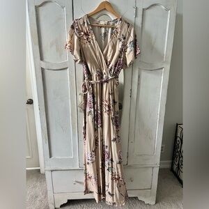 Floral V-Neck Wrap Dress - Beige and Purple
